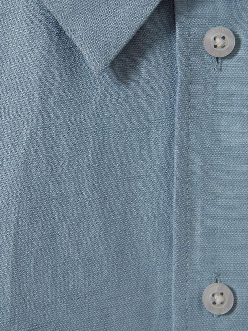 Reiss Blue Sian Relaxed Fit Lyocell Linen Button Through Shirt