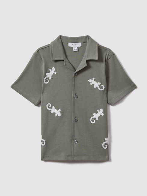 Reiss Sage/White Thar Teen Cotton Reptile Patch Cuban Collar Shirt