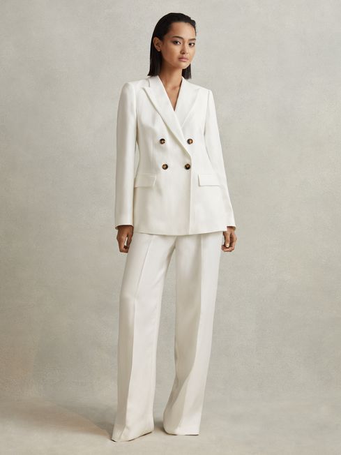 Reiss White Lori Viscose-Linen Double Breasted Suit Blazer