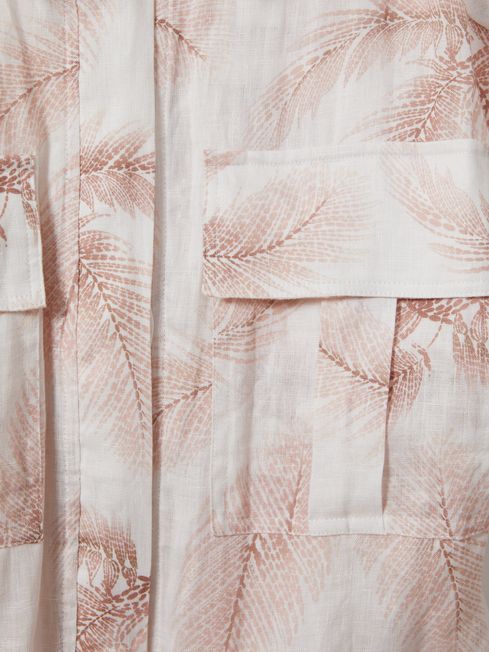 Reiss Blush Kaia Linen Tropical Print Belted Jumpsuit