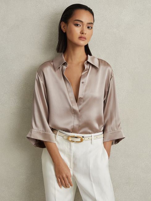 Reiss Champagne Winnie Silk Relaxed Sleeve Blouse