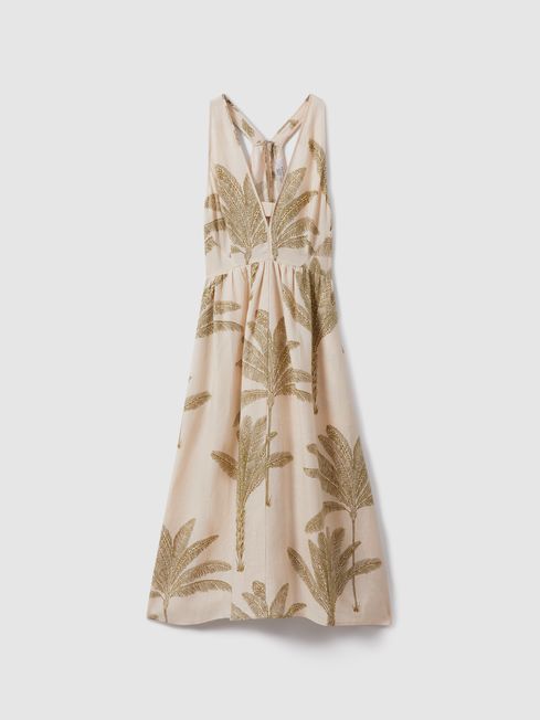 100 Linen Tropical Print Midi Dress in Neutral Green REISS Ireland