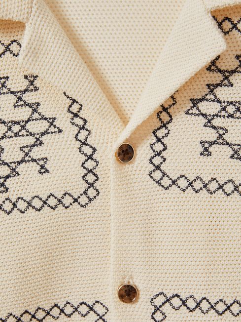 Reiss Ecru/Navy Cosmos Textured Embroidered Cuban Collar Shirt