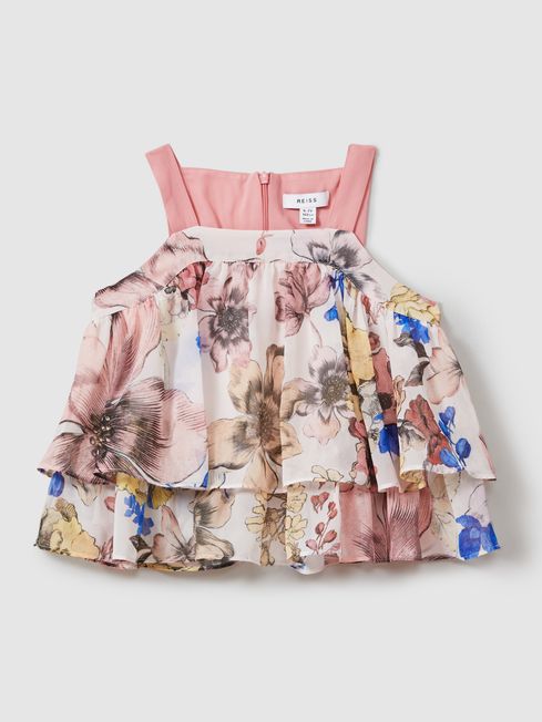 Reiss Pink Arina Tiered Floral Print Top Co-Ord