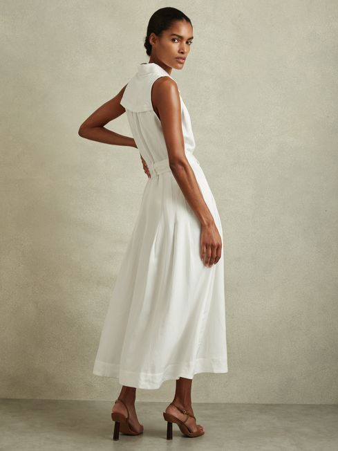 Reiss White Heidi Petite Viscose Linen Belted Midi Dress