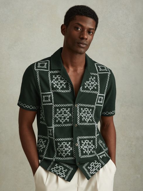 Reiss Green/Ecru Cosmos Textured Embroidered Cuban Collar Shirt