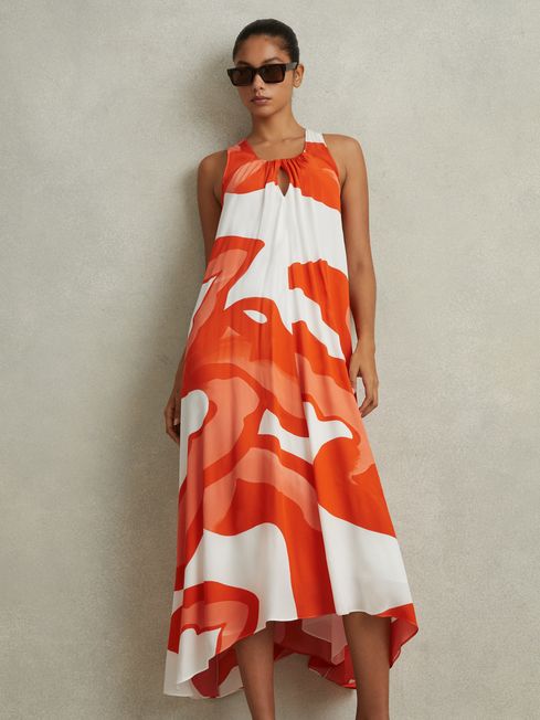 Reiss Orange/White Avia Printed Dipped Hem Midi Dress