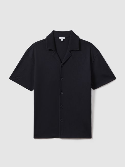 Reiss Navy Chase Ribbed Cuban Collar Shirt