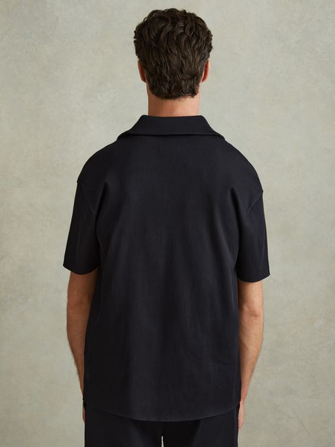 Reiss Navy Chase Ribbed Cuban Collar Shirt