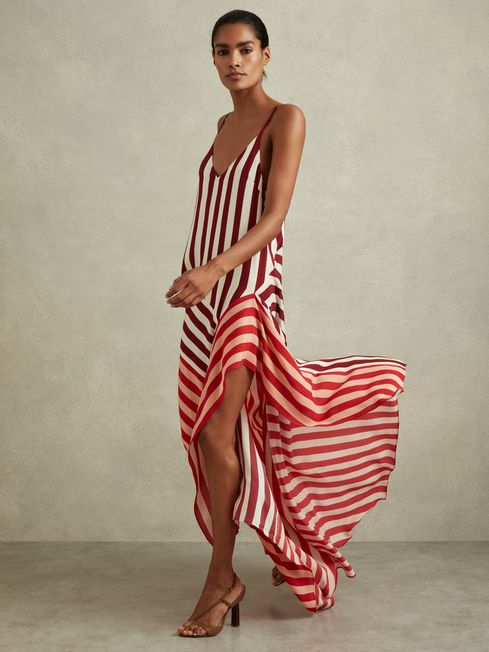 Reiss Burgundy/Off White Holly Colourblock Stripe Asymmetric Midi Dress