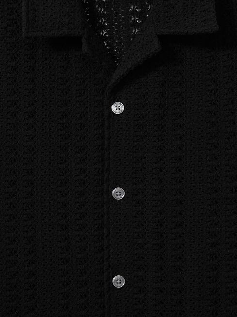 Reiss Black Paradise Cotton Crochet Cuban Collar Shirt