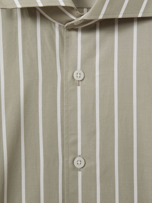 Cotton Striped Cutaway Collar Shirt in Sage/White