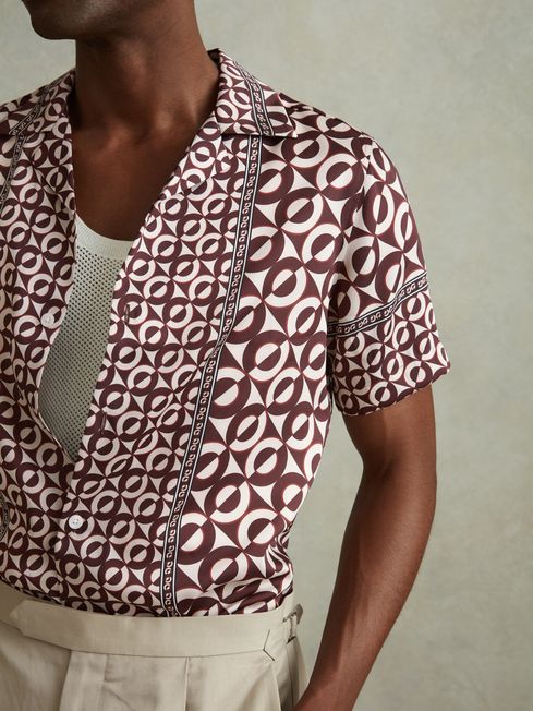 Reiss Tobacco Prentice Geometric Print Cuban Collar Shirt