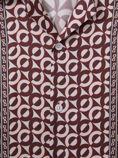 Reiss Tobacco Prentice Geometric Print Cuban Collar Shirt