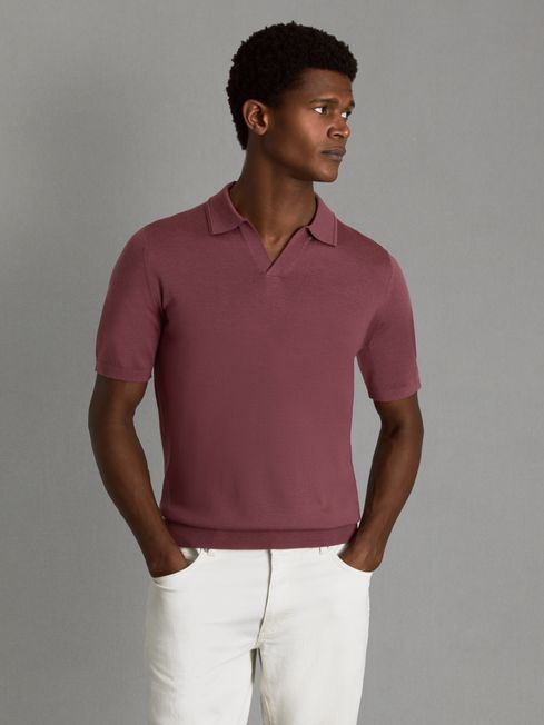 Merino Wool Open Collar Polo Shirt in Berry