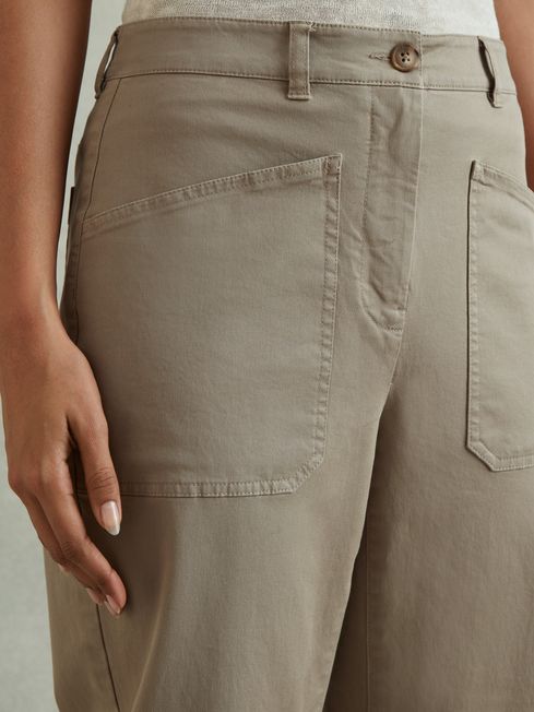 Reiss Olive Nova Cotton Blend Barrel Leg Trousers