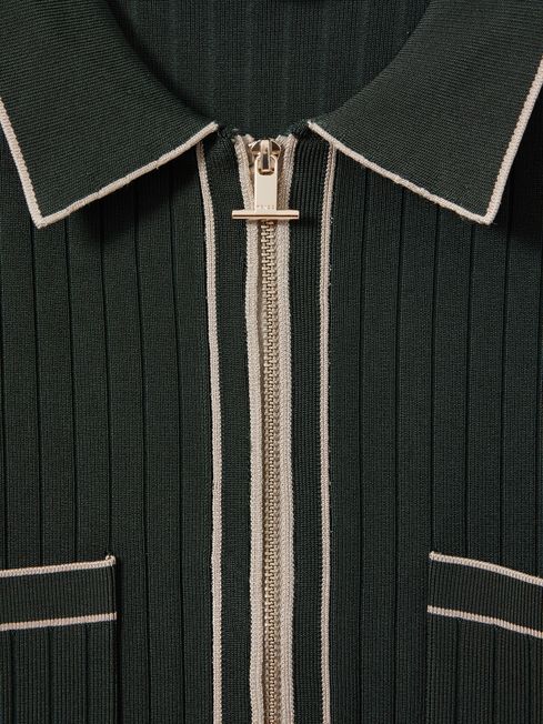 Reiss Dark Green Christophe Ribbed Dual Zip-Front Shirt