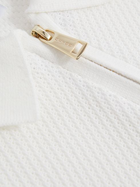 Reiss White Ivor Textured Half Zip Neck Polo Shirt