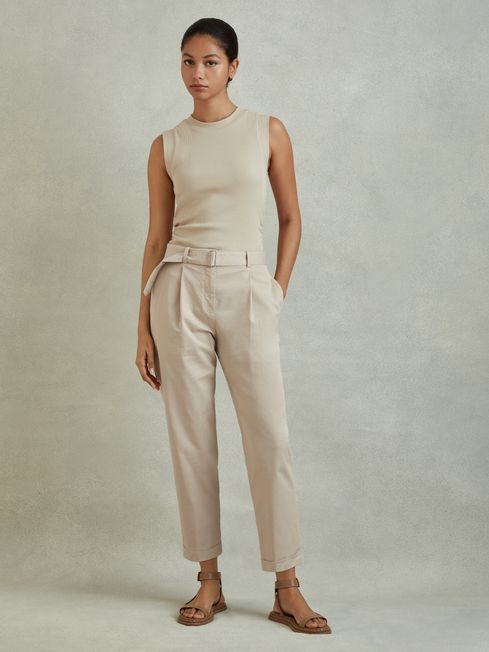 Reiss Stone Hutton Cropped Cotton Blend Belted Trousers