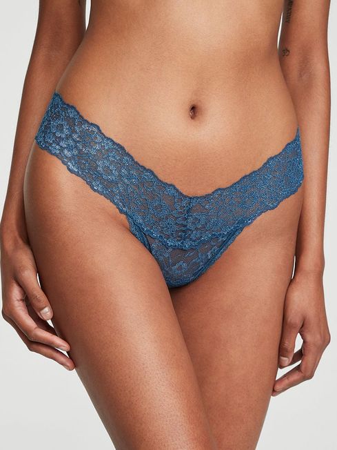 Victoria's Secret Midnight Sea Blue Silver Core Lace Up Thong Lace Knickers
