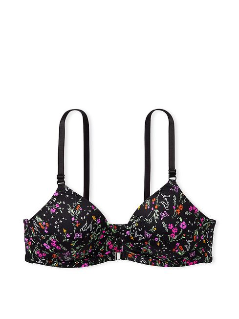 Victoria's Secret PINK Pure Black Floral Non Wired Lightly Lined Front Close Bra