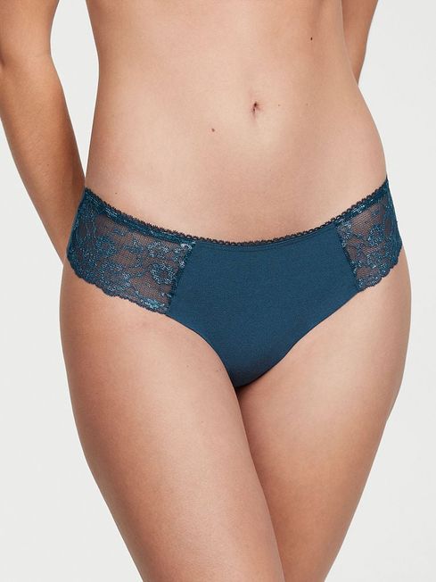 Victoria's Secret Midnight Sea Blue Silver Posey Lace Thong Knickers