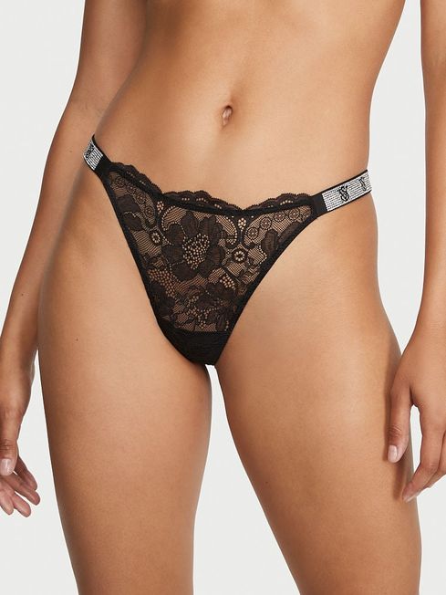 Victoria's Secret Black Lace Monogram Thong Shine Strap Knickers