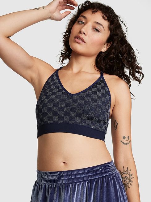 Victoria's Secret PINK Midnight Navy Checkered Blue Non Wired Lightly Lined Seamless Sports Bra