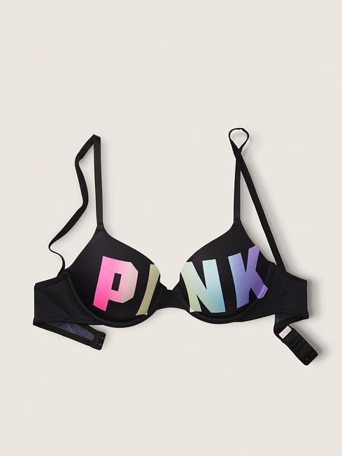 Victoria's Secret PINK Pure Black Rainbow Logo Smooth Lightly Lined T-Shirt Bra