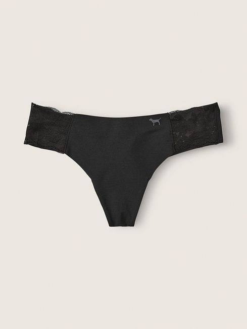 Victoria's Secret PINK Pure Black Thong Lace Detail No Show Knickers