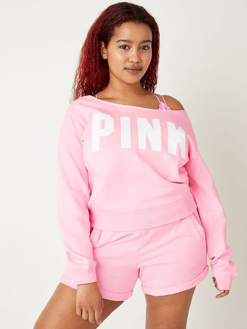 Victoria's Secret PINK Pink Daisy Logo Everyday Lounge Off The Shoulder Sweatshirt