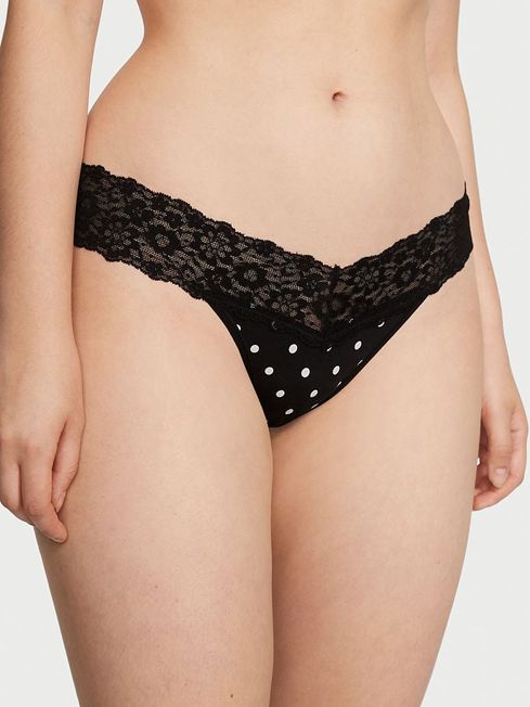 Victoria's Secret Black Medium Dot Black Dot Posey Printed Lace Waist Thong Knickers