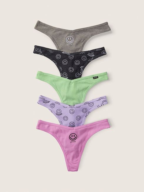 Victoria's Secret PINK Grey/Purple/Green Smiley Thong Cotton Knickers Multipack