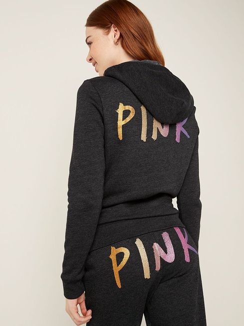 Pure Black With Brushed Shine Gradient Logo Everyday Lounge Perfect FullZip Victoria s Secret Ireland