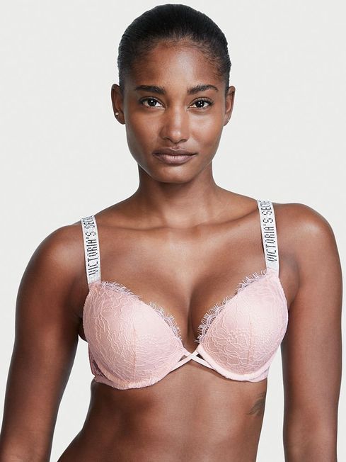 Victoria's Secret Purest Pink Lace Shine Strap Add 2 Cups Push Up Bombshell Bra