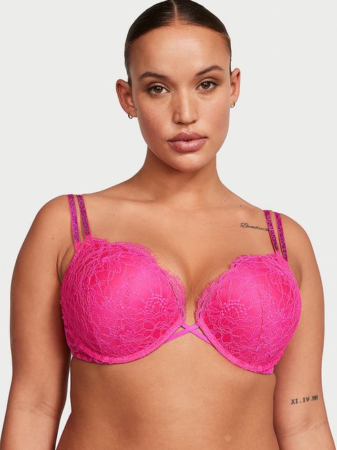 Victoria's Secret Forever Pink Lace Add 2 Cups Push Up Double Shine Strap Add 2 Cups Push Up Bombshell Bra