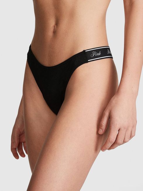 Victoria's Secret PINK Pure Black Cotton Logo Scoop Thong Knickers