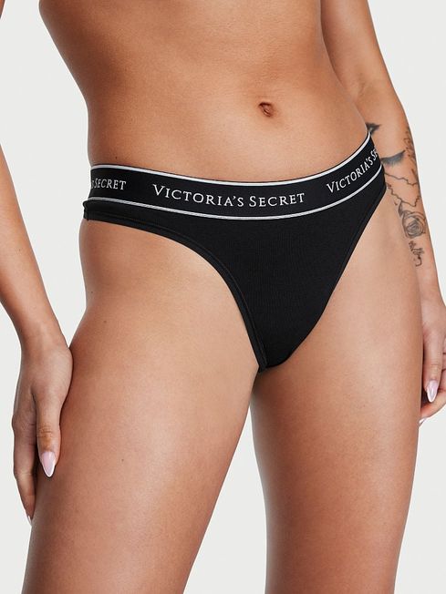 Victoria's Secret Black with Black Band Thong Logo Knickers