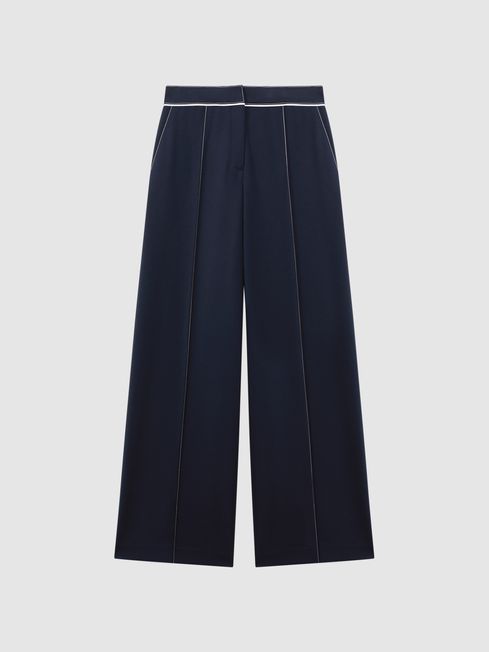 Petite Contrast Stitch Wide Leg Trousers in Navy