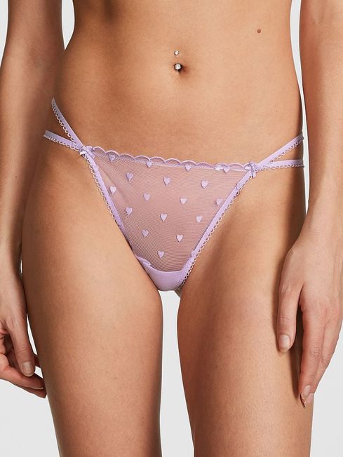Victoria's Secret PINK Pastel Lilac Heart Embroidery Lace G String Knickers