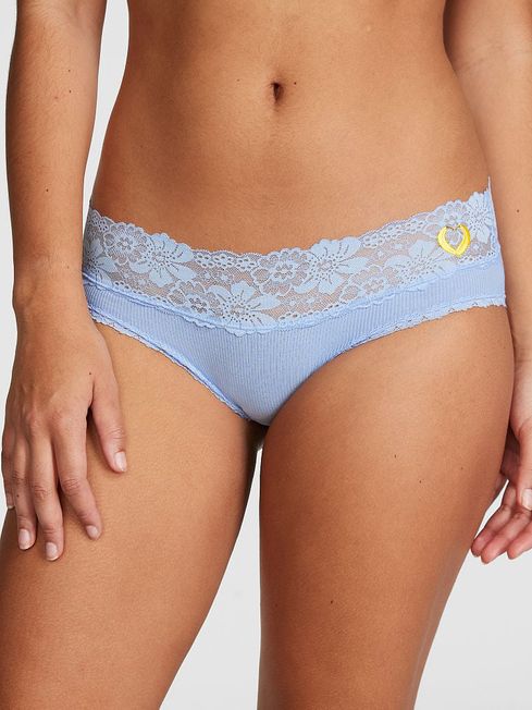 Victoria's Secret PINK Harbor Blue Print Embroidery Lace Trim Rib Hipster Knickers