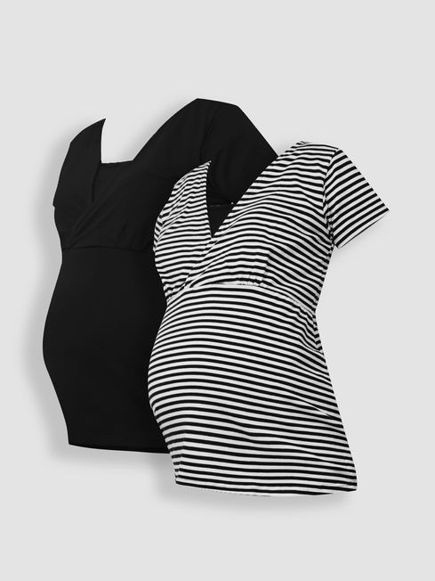JoJo Maman Bébé Black & Black Ecru Cream Stripe 2-Pack Maternity & Nursing T-Shirts