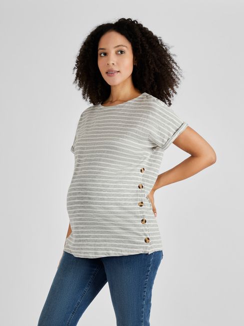 JoJo Maman Bébé Grey & Ecru Cream Stripe Drop Shoulder Maternity & Nursing T-Shirt