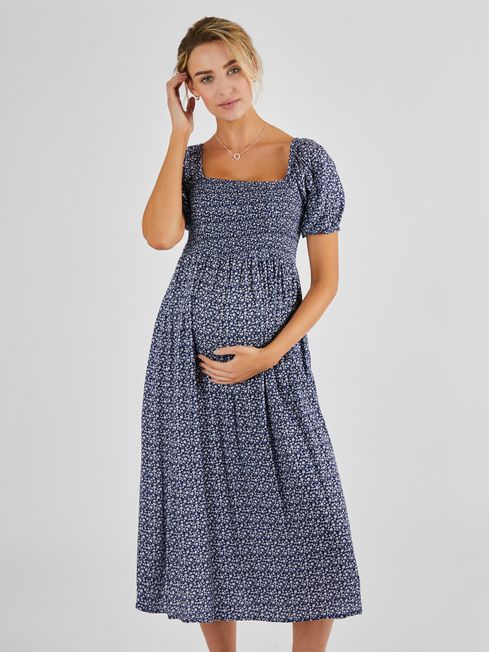 JoJo Maman Bébé Navy Blue Ditsy Shirred Maternity Midi Dress