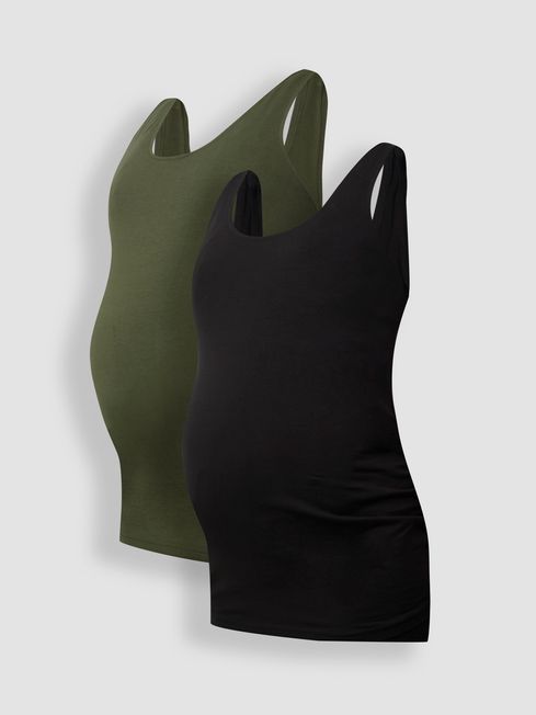 JoJo Maman Bébé Khaki Green & Black 2-Pack Ruched Maternity Vest Tops