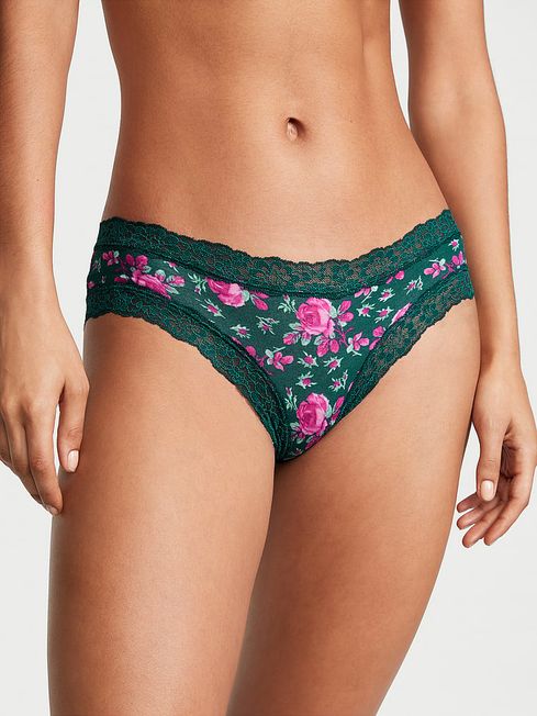 Victoria's Secret Black Ivy Green Moody Roses Posey Lace Trim Cotton Cheeky Knickers