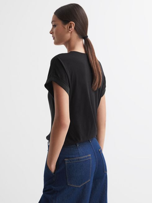 Reiss Black Natalia Silk-Front V-Neck T-Shirt