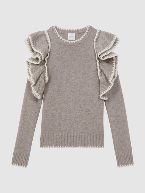 Madeleine Thompson Dark Oatmeal Madeleine Thompson Wool Cashmere Ruffle Crew Neck Jumper