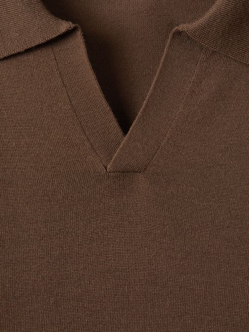 Merino Wool Open Collar Polo Shirt in Pecan Brown