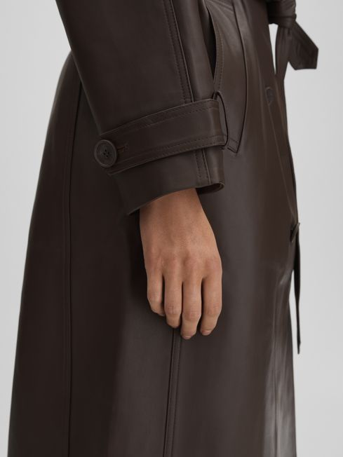 Meotine Leather Mid Length Trenchcoat in Dark Brown